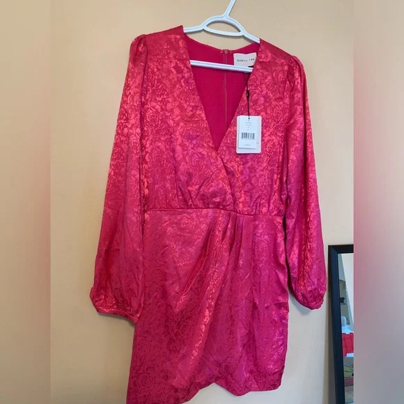 🌸ADELYN RAE💗hot pink silk floral Lindsey Wrap Jacquard Mini wrap Dress NWT - Picture 6 of 16